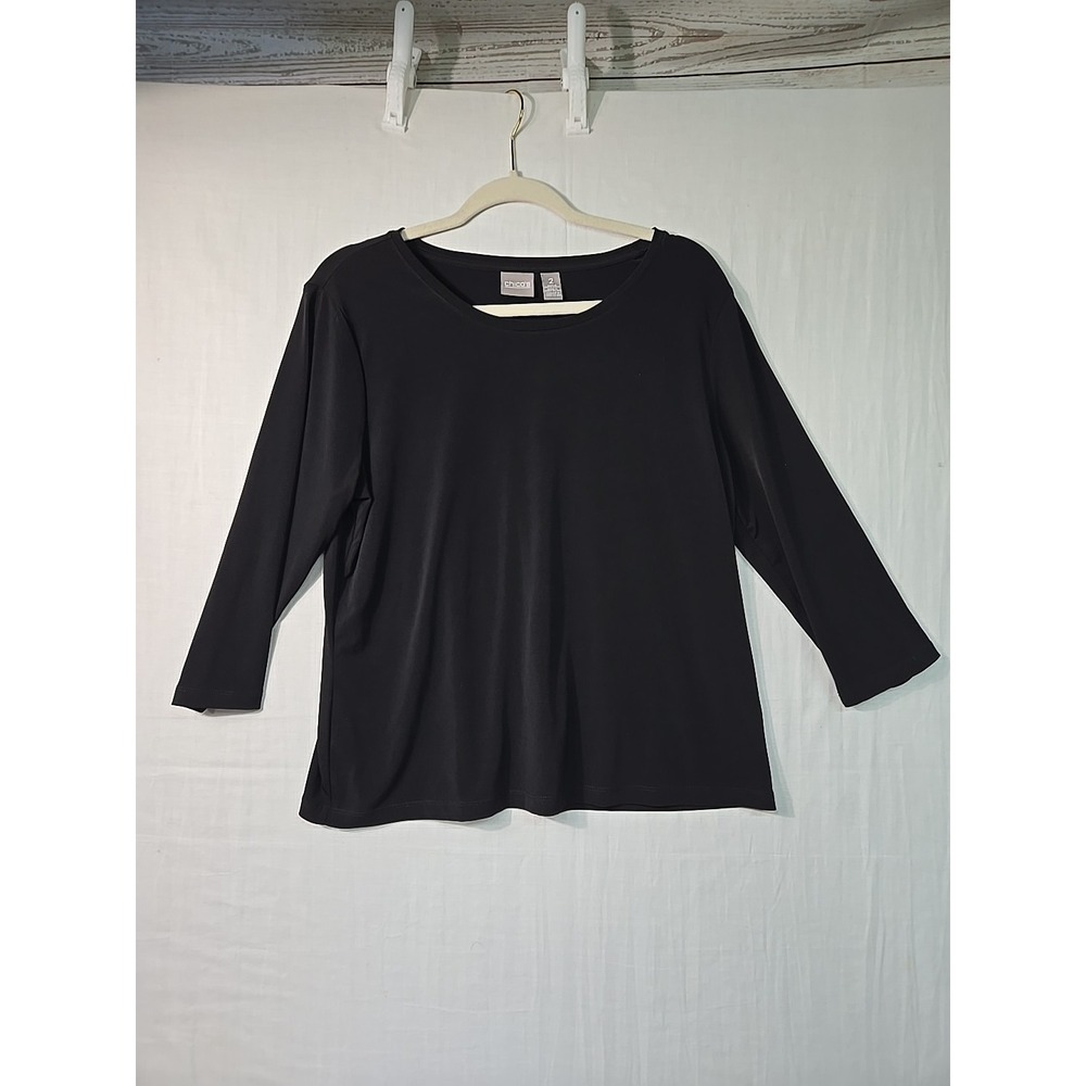 Chico's Black 3/4 Sleeve Round Neck Basic Stretch Capsule Minimal Size 2 (Large)